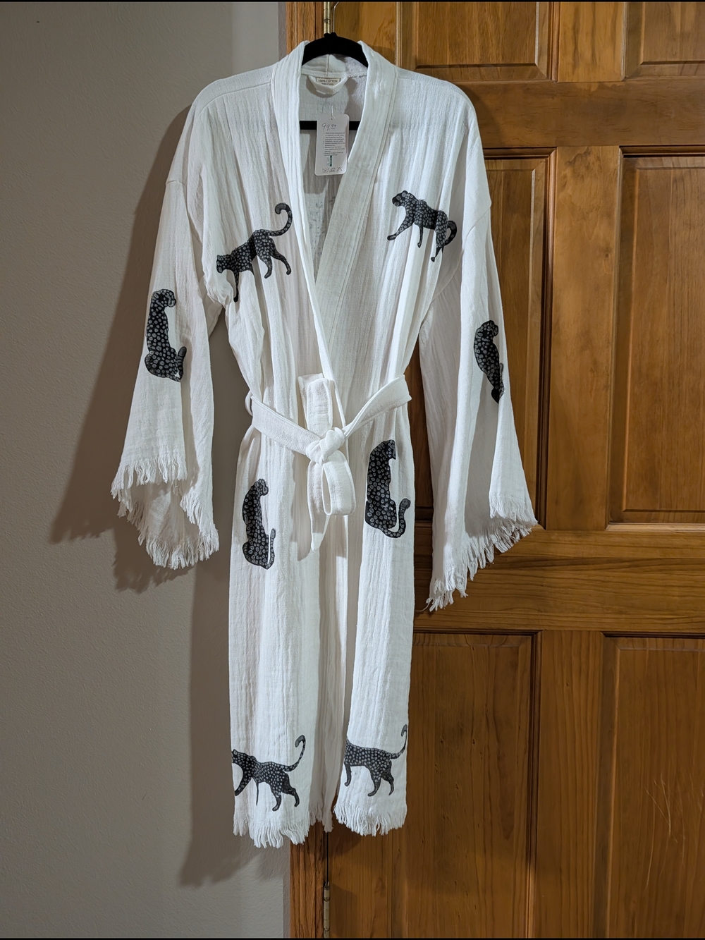 Blue Eyed Leopard Kimono Robe Dress w/ Fringe. 100% Cotton Made In Turkey